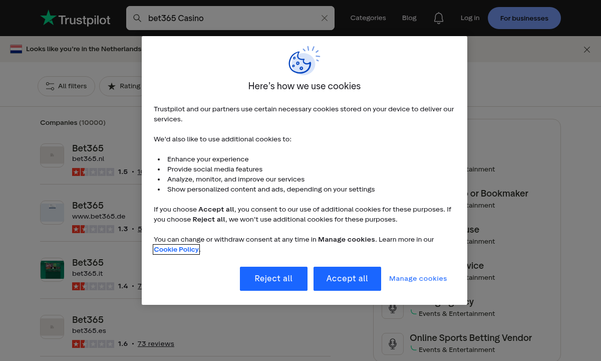 Dated user-review search capture mentioning bet365 Casino