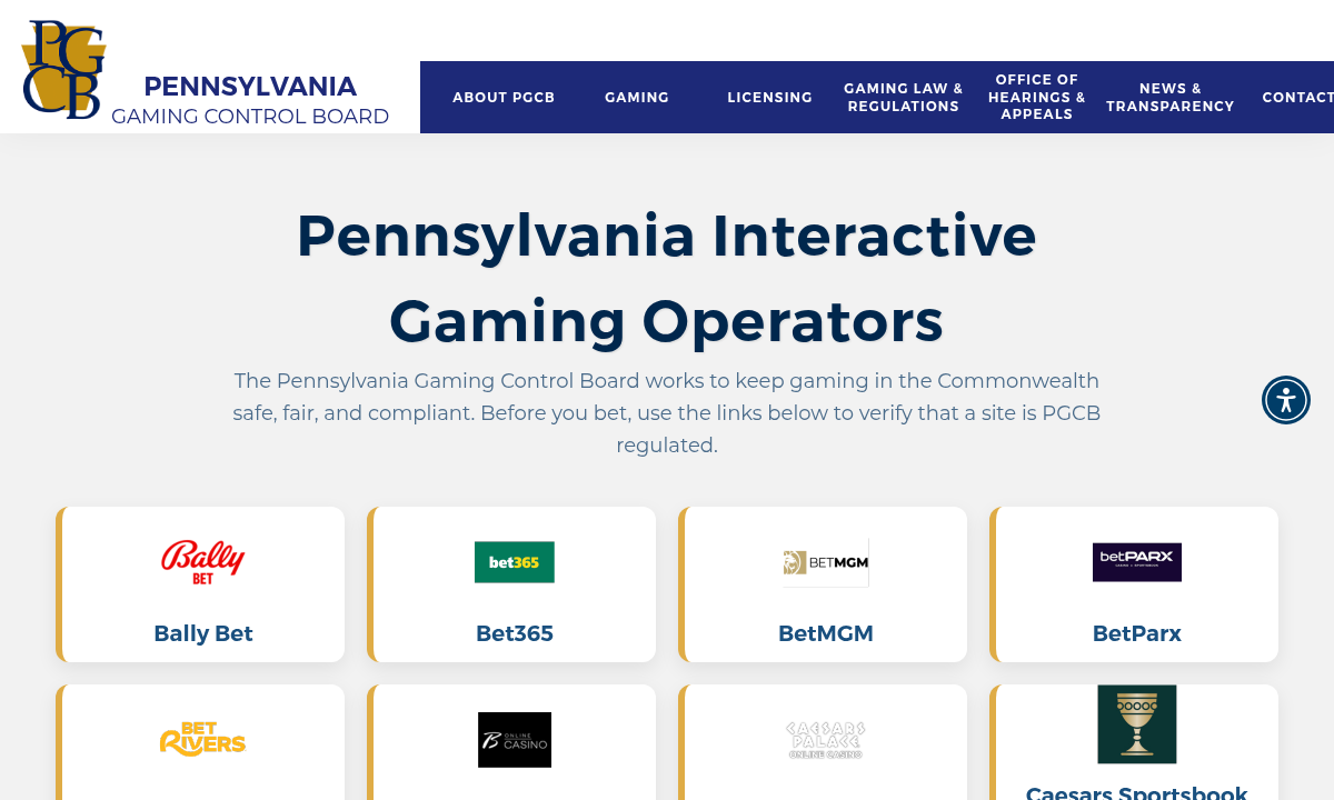 Capture of the Pennsylvania Gaming Control Board directory of interactive gaming operators showing regulated brands.
