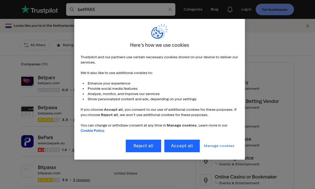 Captured user-review search context mentioning betPARX