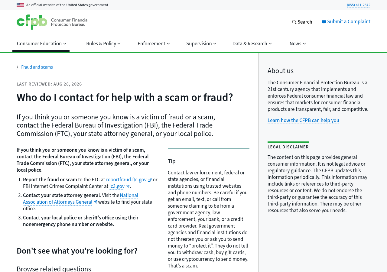 Consumer Financial Protection Bureau official scam-help route, checked 8 September 2026