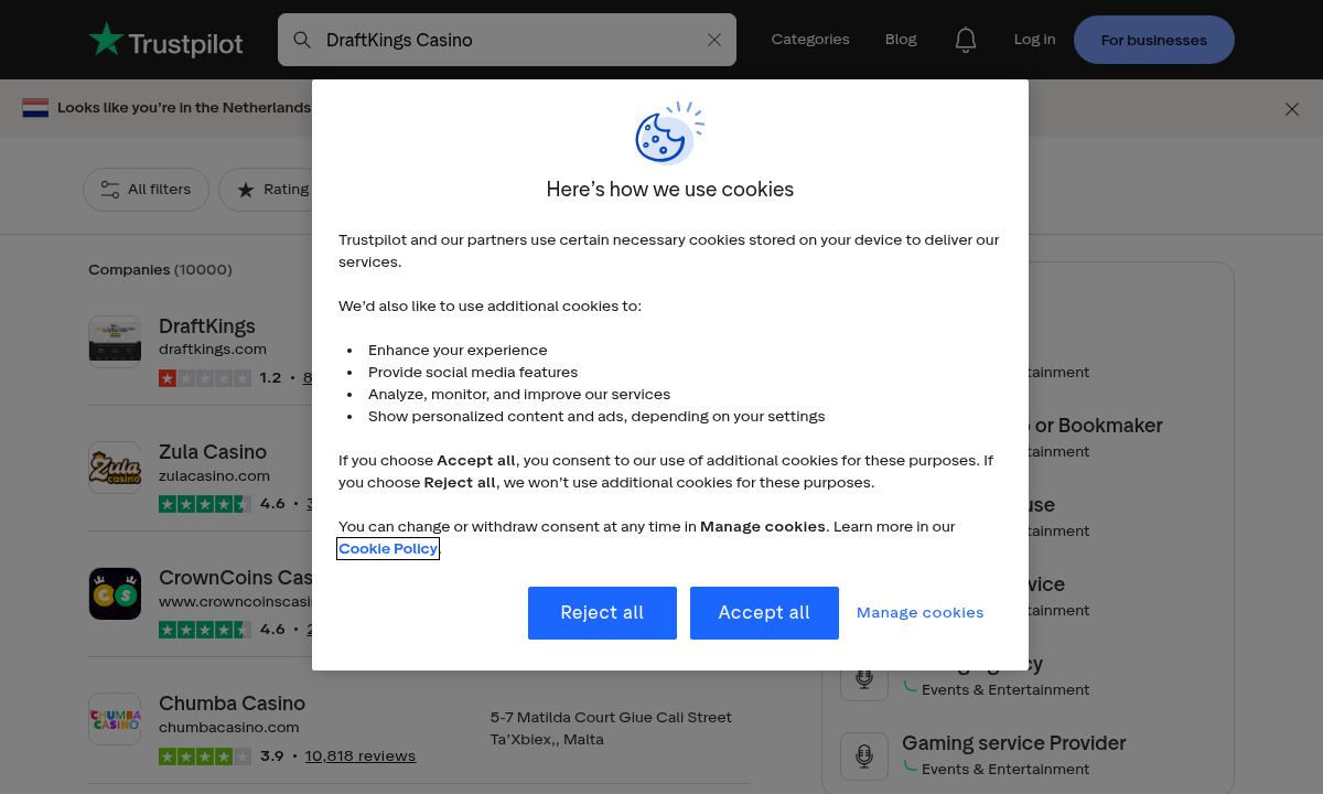 Contextual capture of a user-review search for DraftKings Casino