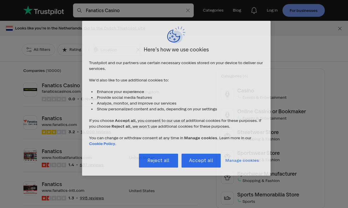 Captured user-review search context mentioning Fanatics Casino