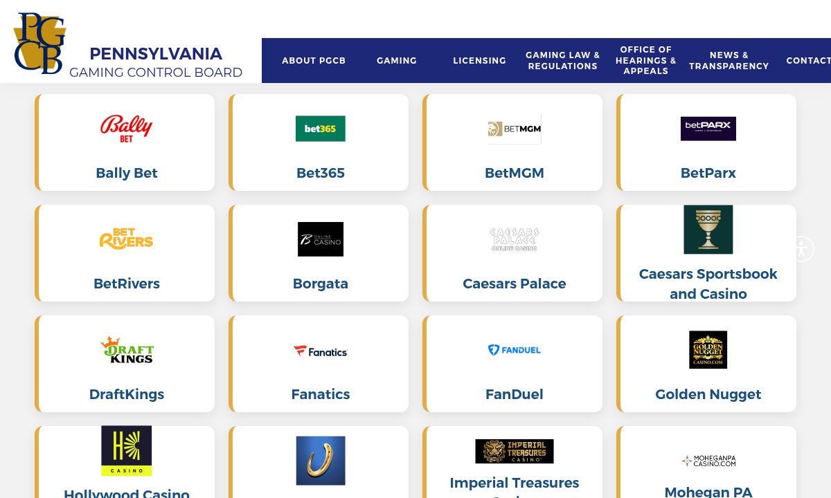 Capture of the Pennsylvania Gaming Control Board interactive gaming operators listing