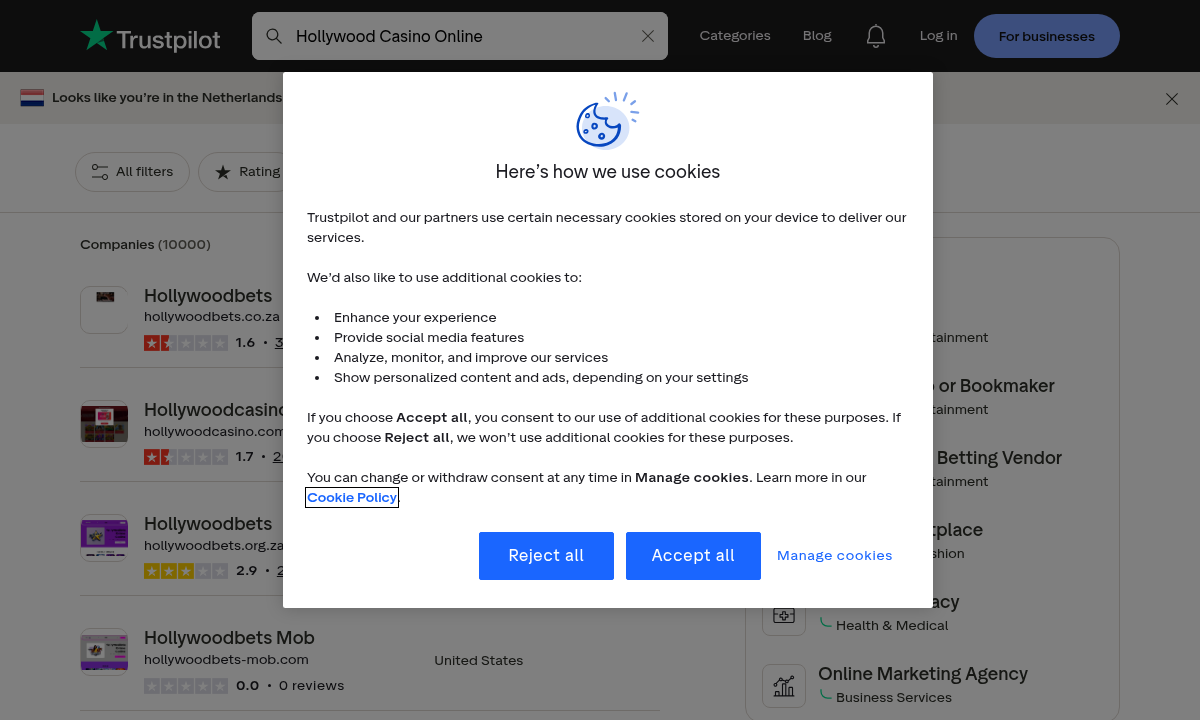Capture of a user-review search surface mentioning the casino service