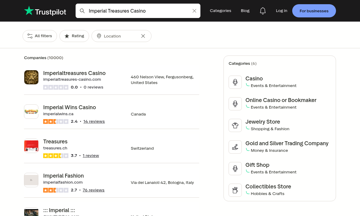 Captured user-review search context for Imperial Treasures Casino