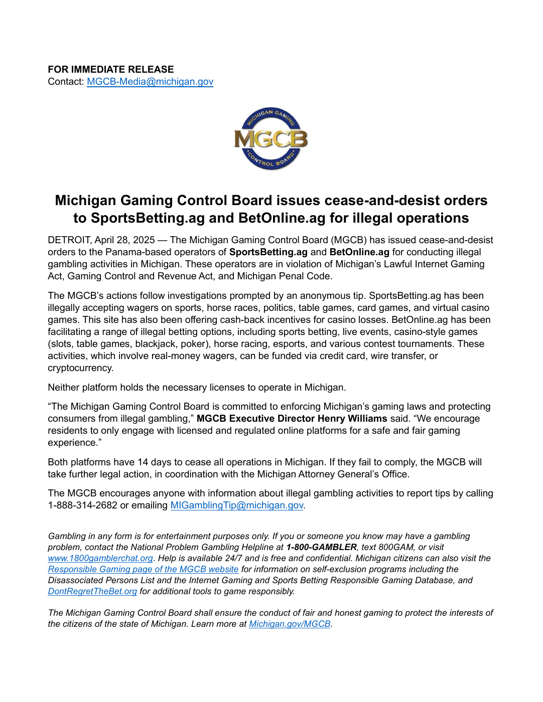 Michigan Gaming Control Board April 28, 2025 release naming BetOnline.ag and SportsBetting.ag
