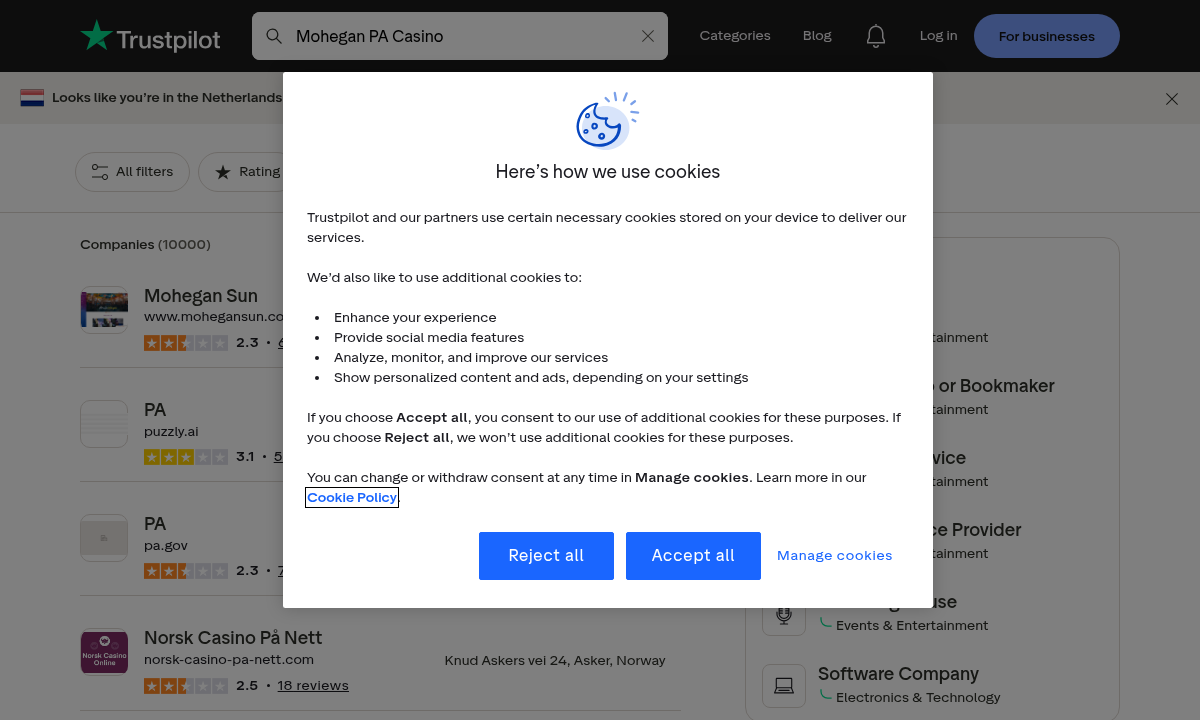 Captured independent user-review search context for Mohegan PA Casino