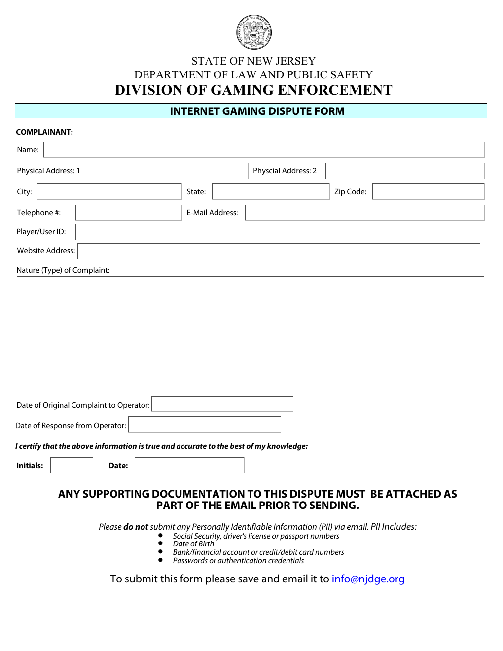 New Jersey Division of Gaming Enforcement internet gaming dispute form