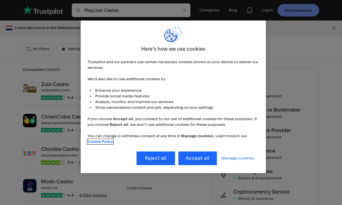 Contextual capture of a user-review search surface mentioning PlayLive! Casino