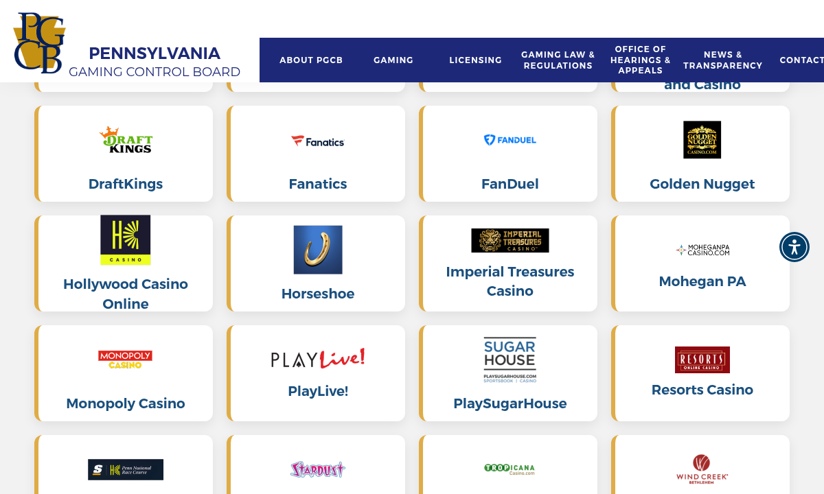 Capture of the Pennsylvania regulator record identifying regulated interactive gaming operators