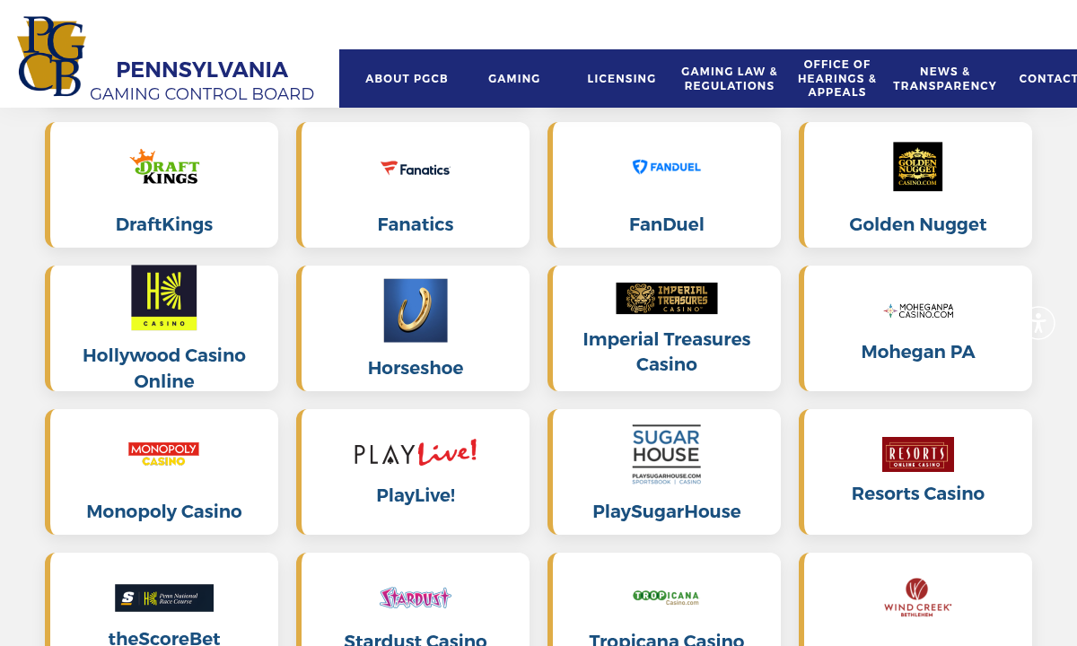 Supplied capture of the Pennsylvania interactive gaming operator source