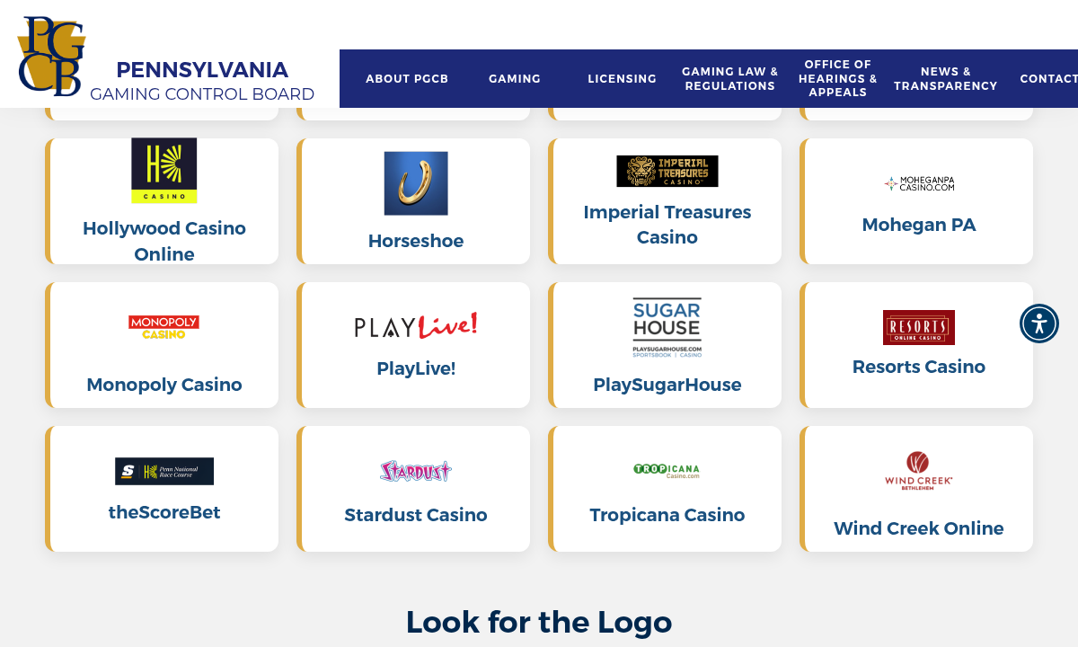 Captured Pennsylvania Gaming Control Board operator directory evidence for the named casino