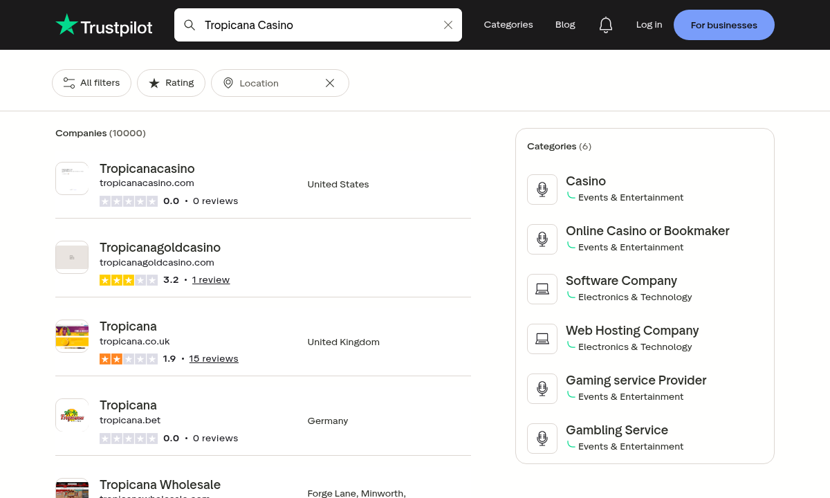 Contextual capture of user-review search results mentioning Tropicana Casino